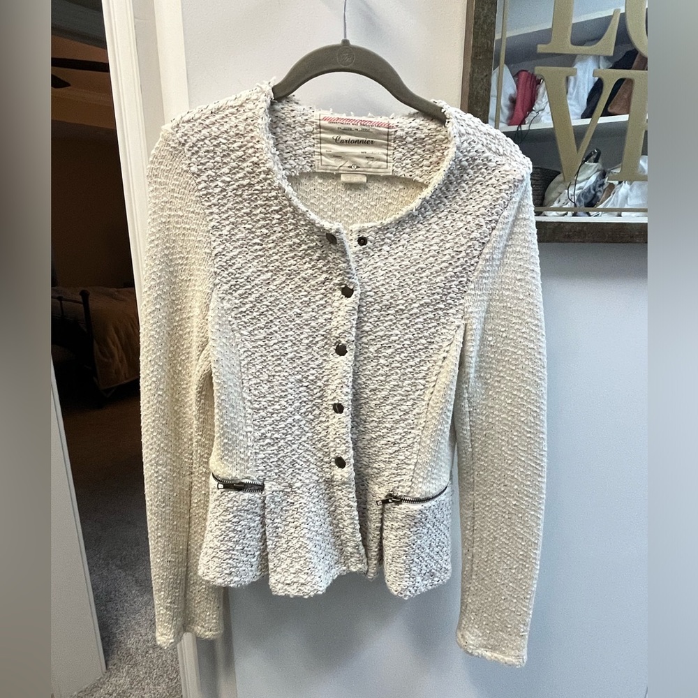 Anthropologie cream peplum sweater jacket, size S